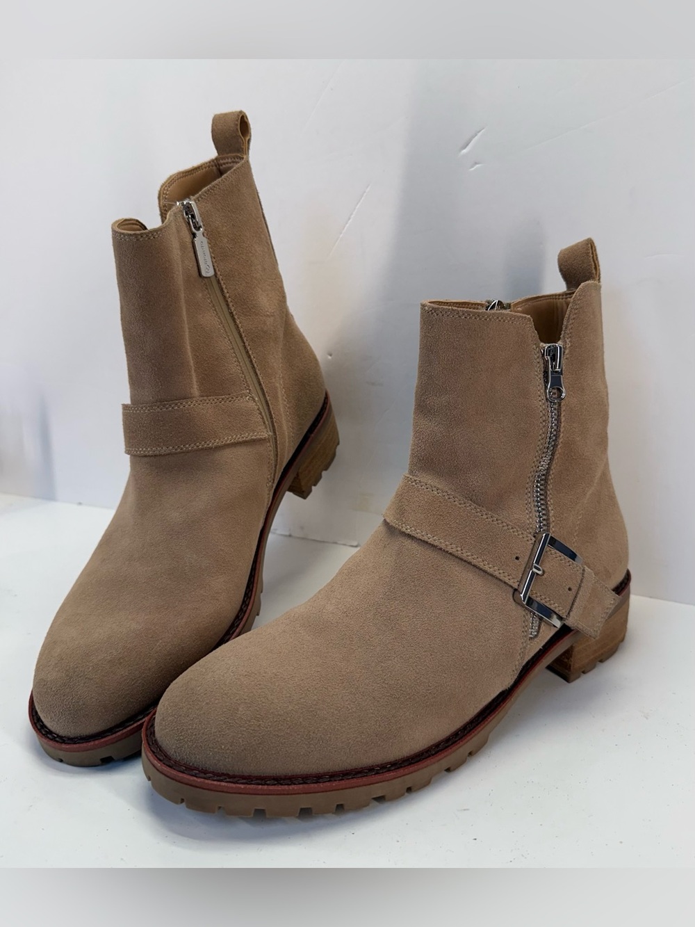 Blondo Kiana waterproof Tan Suede Combat Moto Boots with Side Zip & Buckle 9